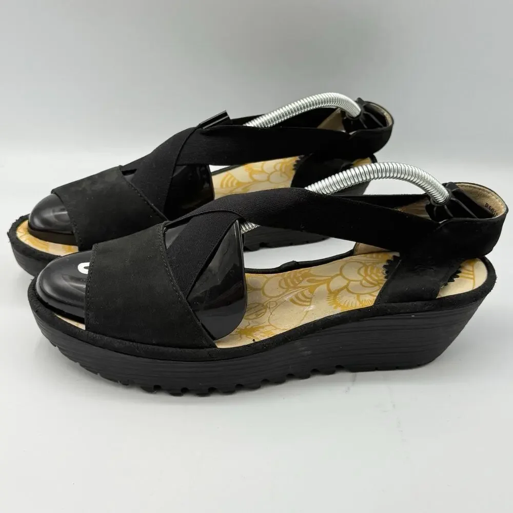 Fly London Rale Shoes SIZE 38 / 7.5 Gored Cross Band Wedge Leather Womens Black